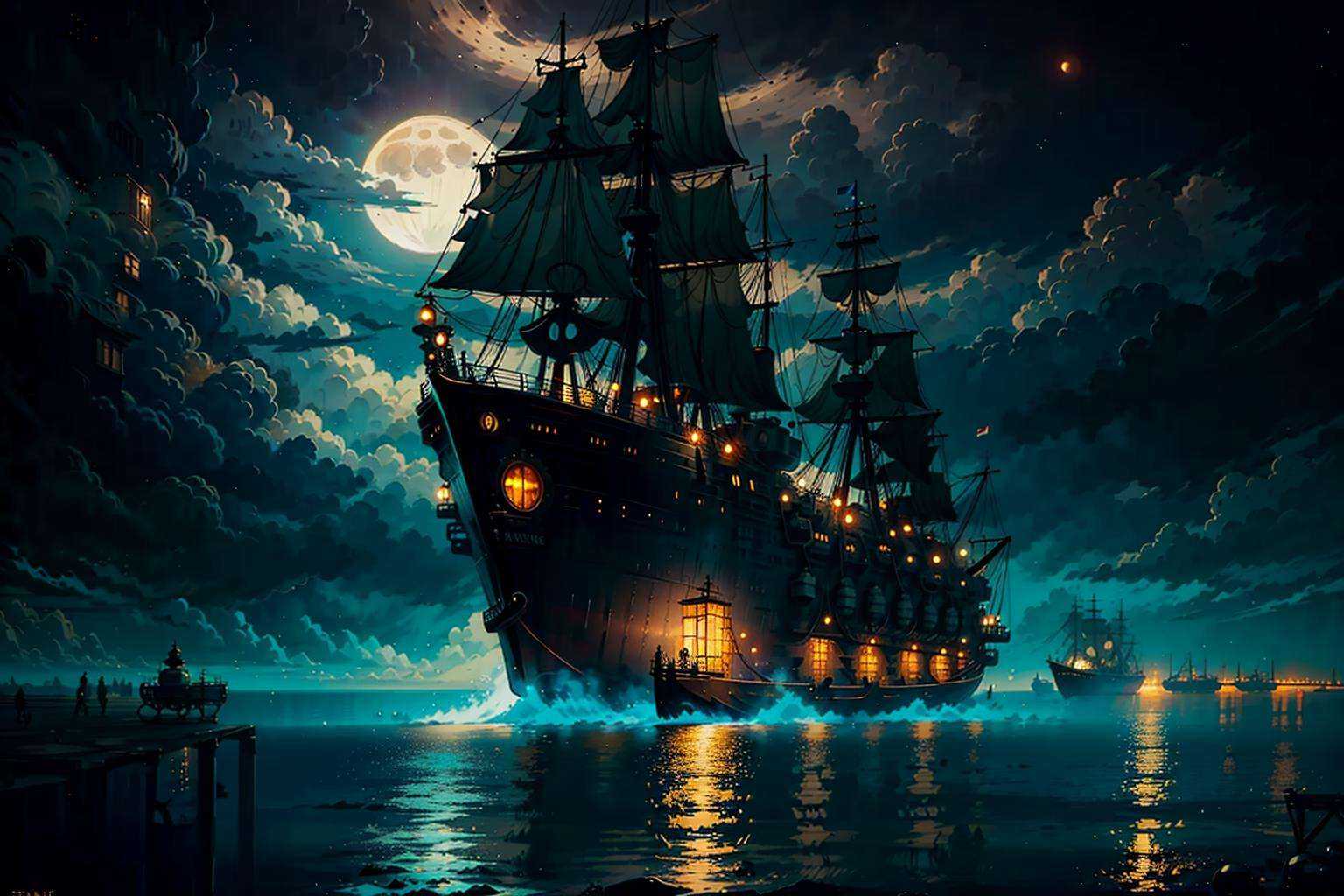 fantasy, light, magic, anime film <lora:steampunkai10MBLora_10mb:1>,steampunkai, giant ship,moon, moonlight, steam, cityscape,  dark theme, ocean,sea,port,