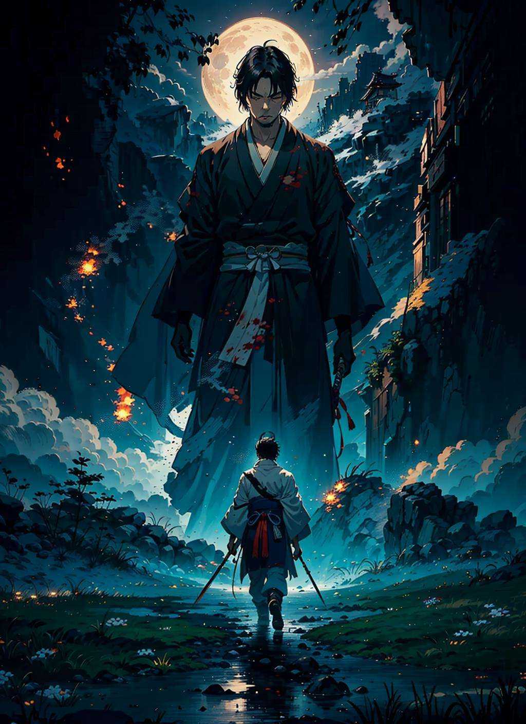 Isshin, the Sword Saint is a legendary warrior and the founder of the Ashina Clan. He is an old man with white hair and beard, wearing a blue kimono with black patterns and a white cloak. He carries  a katana and a spear. He also has a gun hidden in his sleeve.He awaits Sekiro in the great grass field where he first fought Genichiro Ashina, his grandson. The field is covered with blood and corpses of soldiers who died in the battle. The sky is dark and stormy, and lightning flashes occasionally. Isshin emerges from Genichiro’s body after he sacrifices himself to revive him using the Black Mortal Blade. He respects Sekiro as a worthy opponent and challenges him to a final duel for the fate of Ashina.moon, dark theme, light, fantasy,