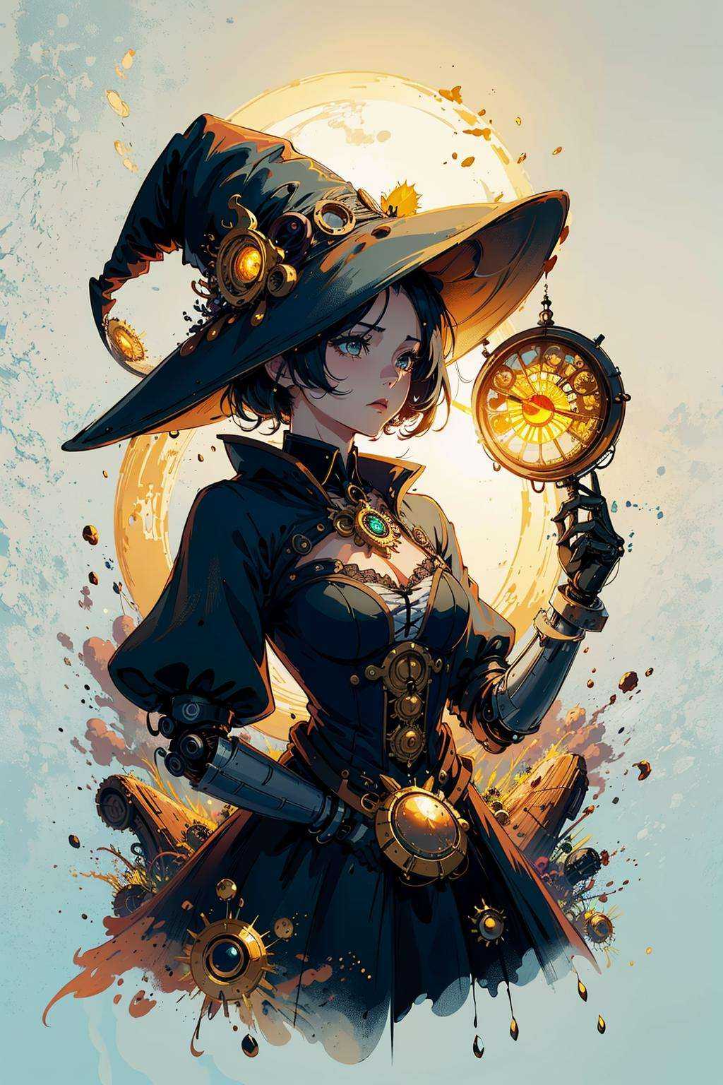 girl, fantasy, light, witch, magic, anime film <lora:steampunkai10MBLora_10mb:1>,steampunkai,robot, witch hat, witch dress,train,sun, sunlight, steam,