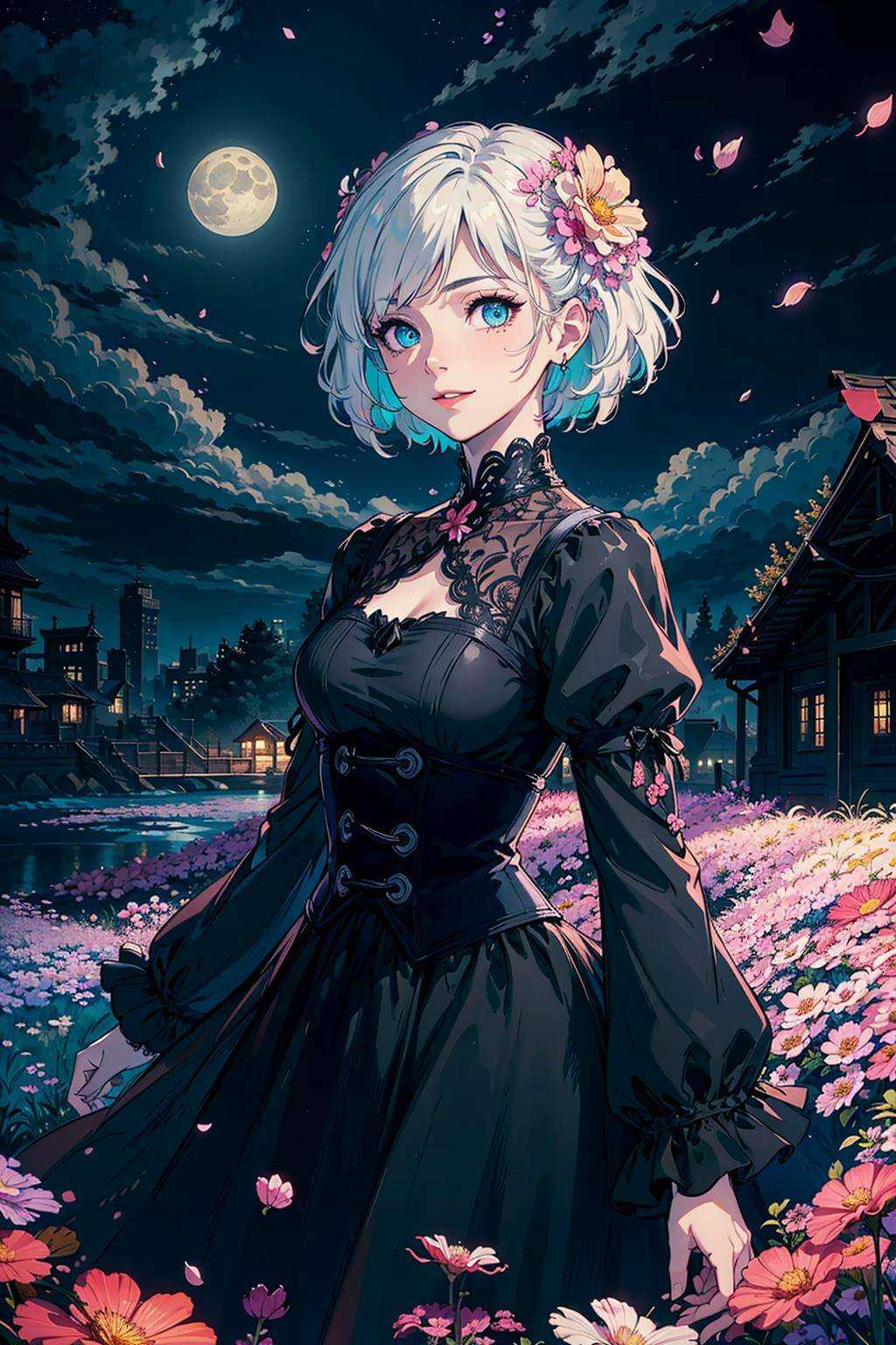 masterpiece, best quality,1girl, (colorful),(finely detailed beautiful eyes and detailed face),cinematic lighting,bust shot,extremely detailed CG unity 8k wallpaper,white hair,solo,smile,intricate skirt,((flying petal)),(Flowery meadow)sky, cloudy_sky, building, moonlight, moon, night, (dark theme:1.3), light, fantasy,