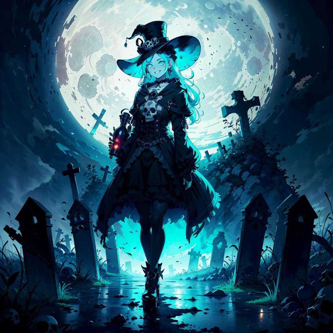masterpiece, high quality,  highres,(1girl), (wearing black pointed hat), necromancer, evil smile, stand in front of graveyard, (cyan color sceme), ominious atmosphere, mist, night,moon, (surrounded by skulls),bottle  bottom,lampstand,pedestal,platform,