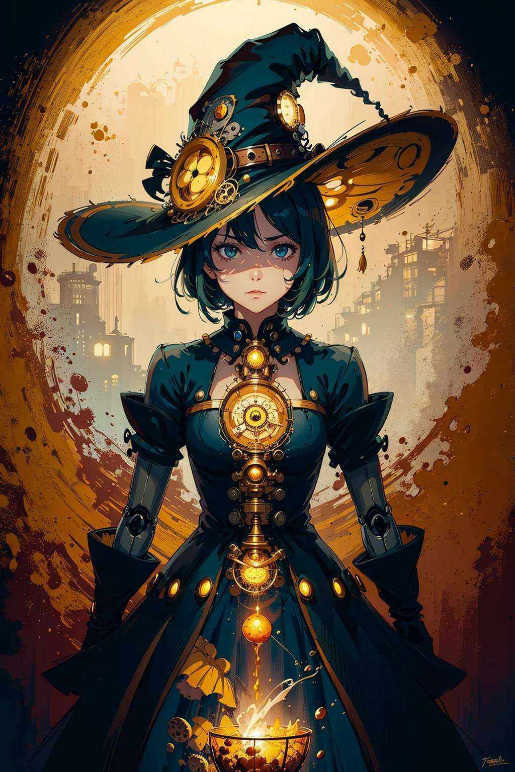 girl, fantasy, light, witch, magic, anime film <lora:steampunkai10MBLora_10mb:1>,steampunkai,robot, witch hat, witch dress,train,