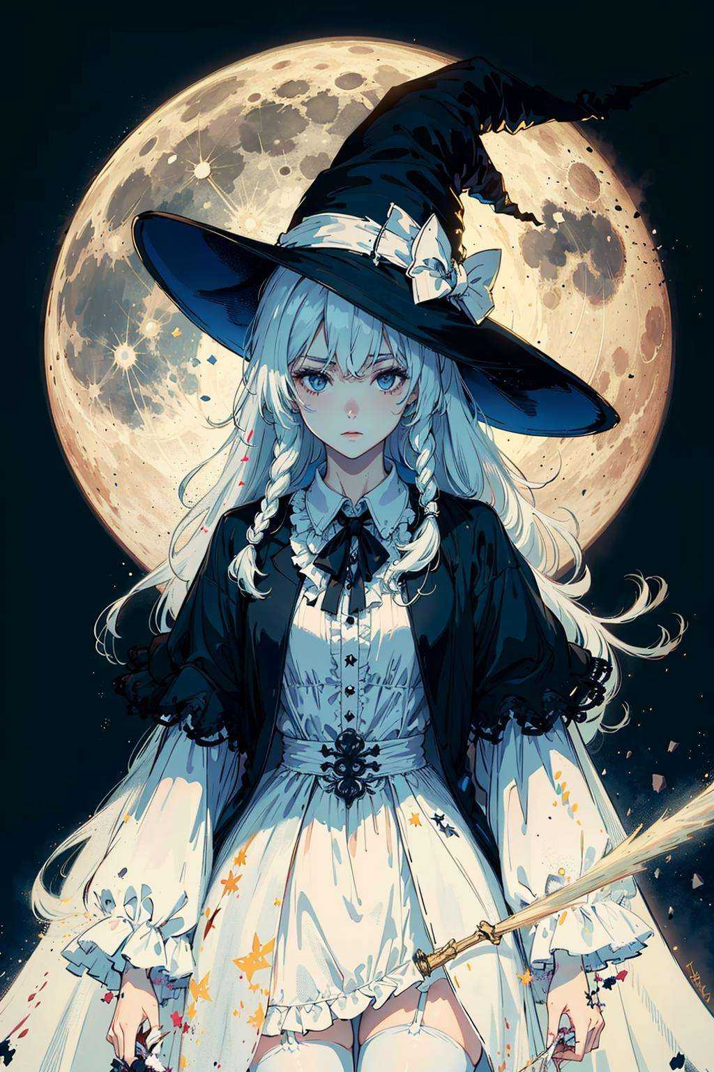 1girl,(Tattered clothes:1.1),long white hair, (white stockings:1.1),white large witch hat,witch costume, Ride broomstick, fantasy,(light:1.3),dark theme,magic,moon,upper body,