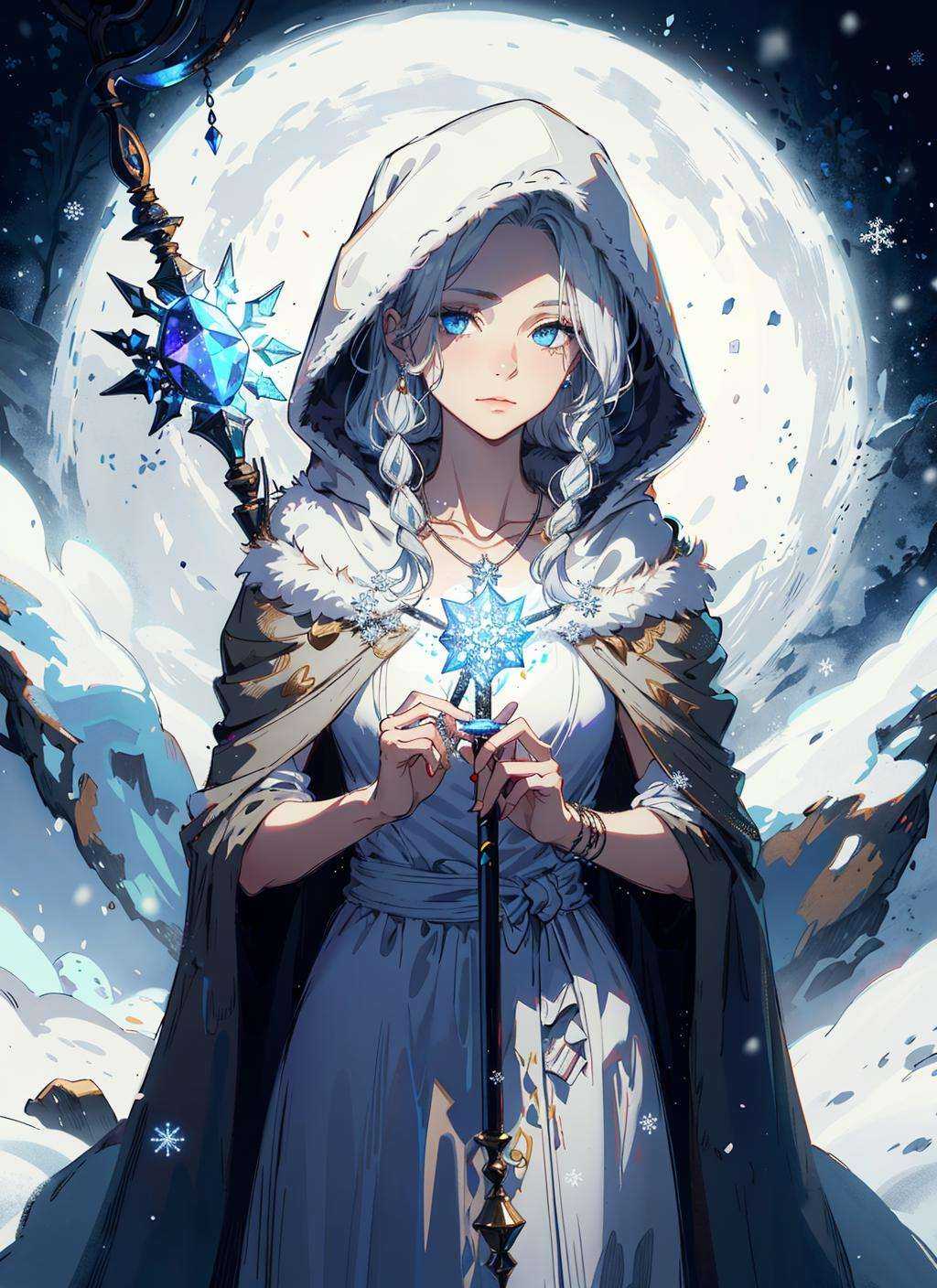 Jani is a witch who lives in a snowy region of Elden Ring. She has long silver hair and blue eyes that glow with magic. She wears a white dress with fur trim and a hooded cloak that covers her shoulders. She also wears a silver necklace with a pendant shaped like a snowflake. She carries a staff that can summon wolves and cast ice spells.