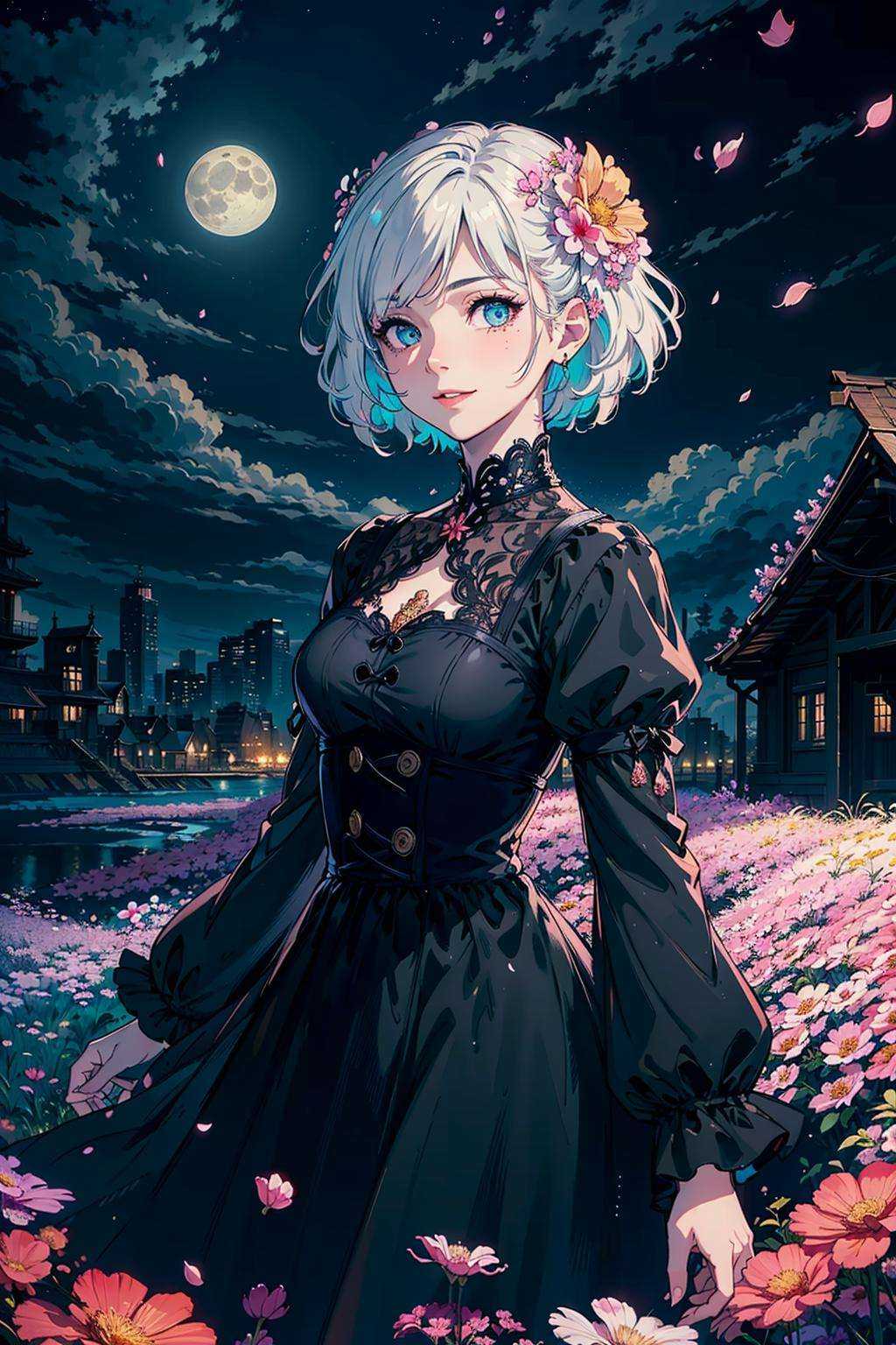 masterpiece, best quality,1girl, (colorful),(finely detailed beautiful eyes and detailed face),cinematic lighting,bust shot,extremely detailed CG unity 8k wallpaper,white hair,solo,smile,intricate skirt,((flying petal)),(Flowery meadow)sky, cloudy_sky, building, moonlight, moon, night, (dark theme:1.3), light, fantasy,
