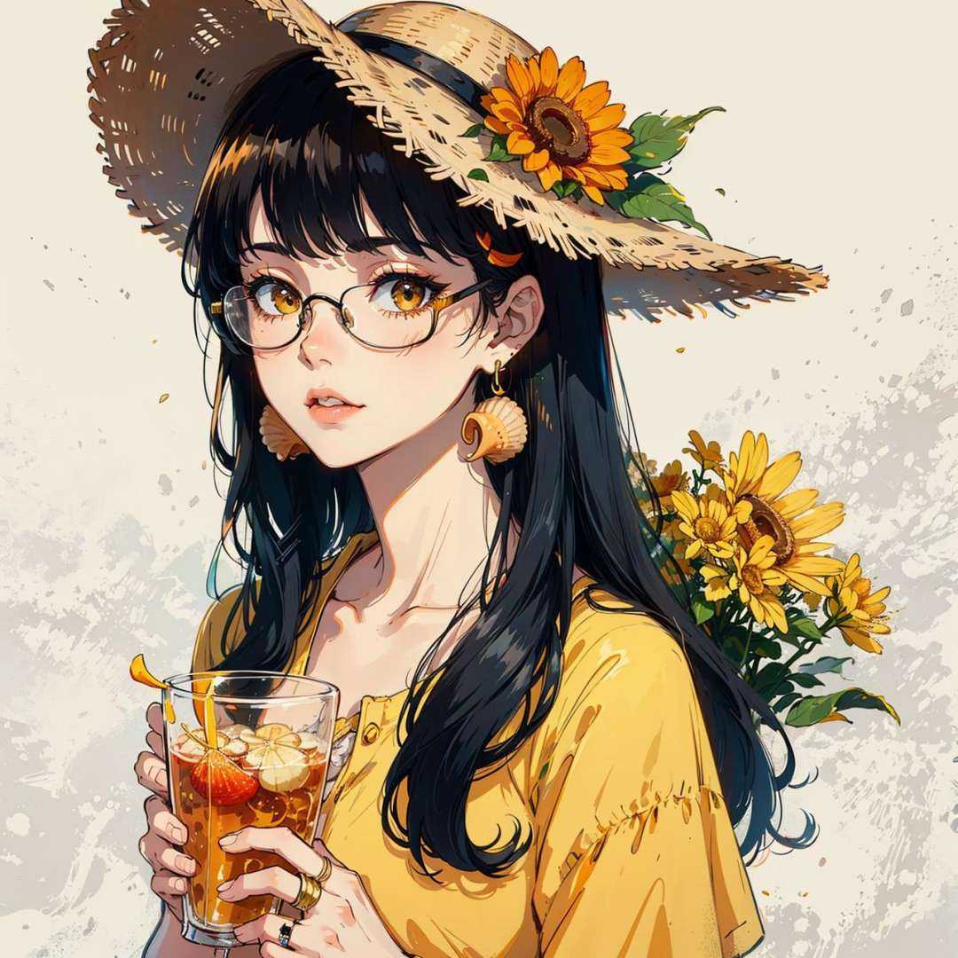 1girl, solo, starfish, seashell, shell, flower, hat, hair ornament, jewelry, straw hat, looking at viewer, sunglasses, hat flower, drinking straw, hairclip, earrings, red flower, tinted eyewear, yellow flower, bangs, english text, multicolored hair, orange flower, black hair, ring, cup, long hair, orange-tinted eyewear, food, brown hair, portrait, shell hair ornament ,<lora:vividImpactfulStyle_v30ab:1>