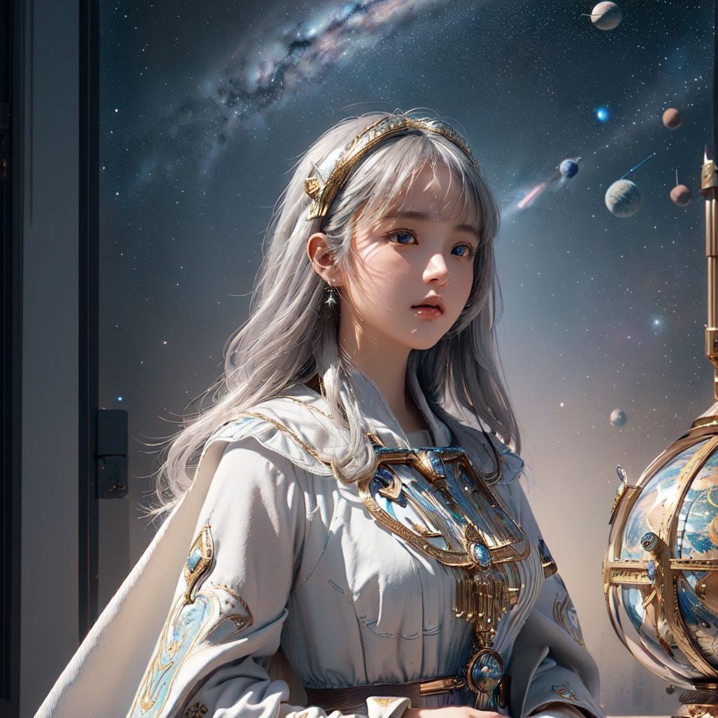 ((best quality)), ((masterpiece)), ((ultra-detailed)), (illustration), (detailed light), (an extremely delicate and beautiful),((a cute girl:1.2)),((cowboy shot)),standding,Starry sky adorns beautiful detailed dress,Cloak,golden {leaf-shape} headdress around two sides of head,(beautiful eyes),floating silver hair, colored inner hair,(Galaxy),(colorful (planets:1.1)),Negative space,background detailed