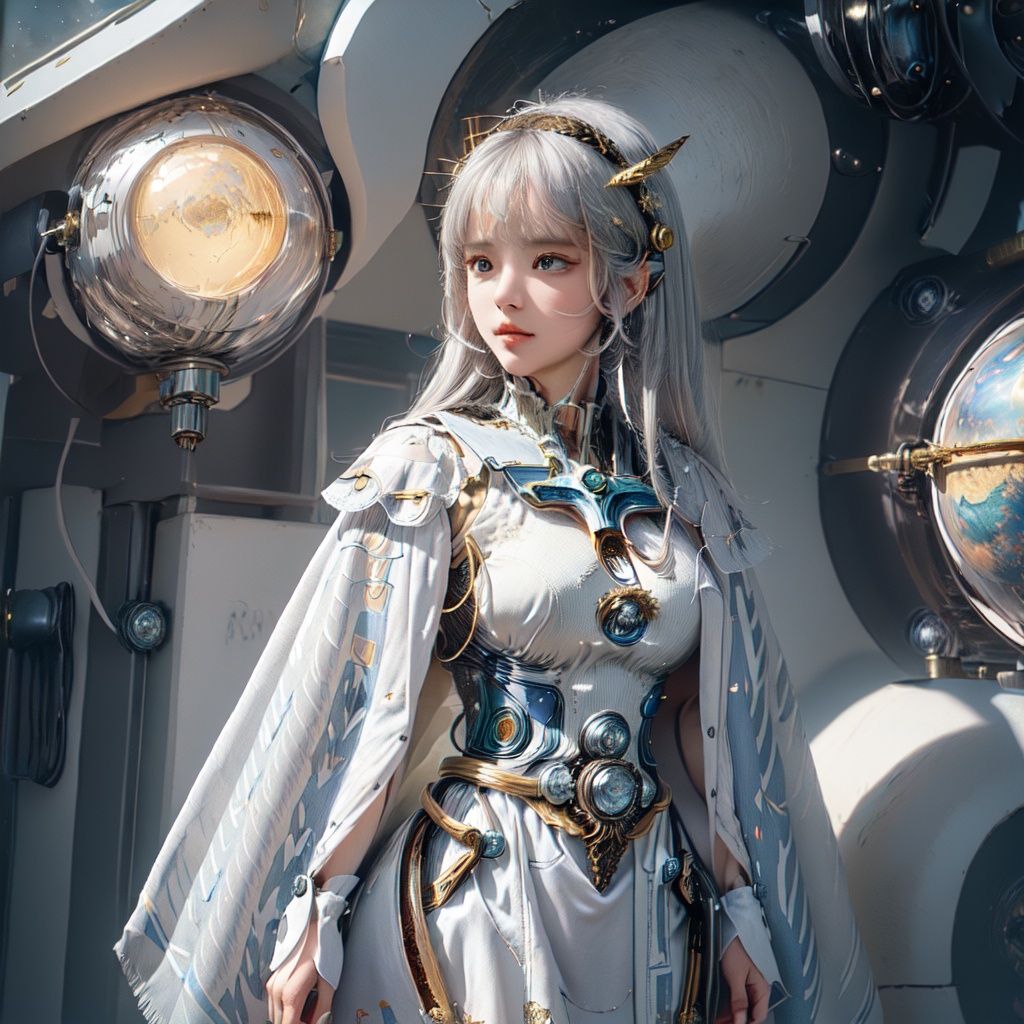 ((best quality)), ((masterpiece)), ((ultra-detailed)), (illustration), (detailed light), (an extremely delicate and beautiful),((a cute girl:1.2)),((cowboy shot)),standding,Starry sky adorns beautiful detailed dress,Cloak,golden {leaf-shape} headdress around two sides of head,(beautiful eyes),floating silver hair, colored inner hair,(Galaxy),(colorful (planets:1.1)),Negative space,background detailed