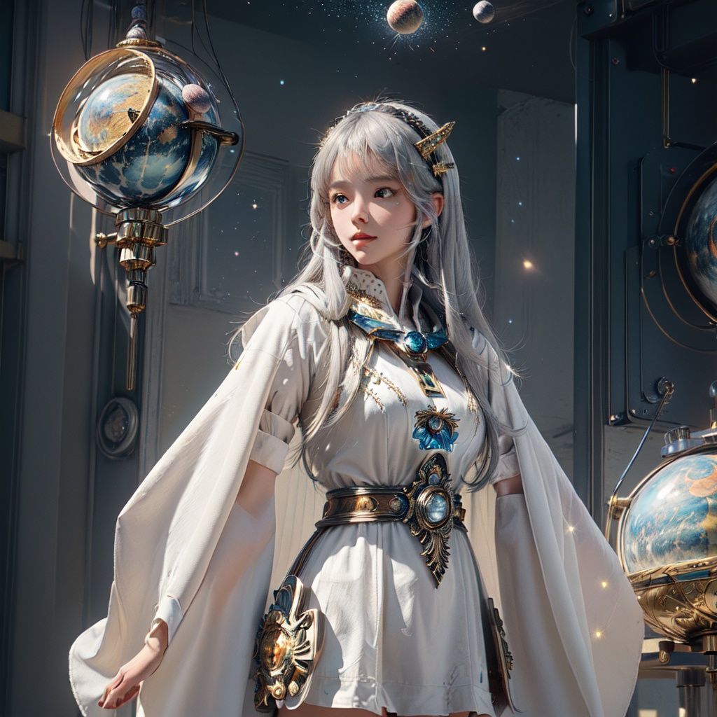 ((best quality)), ((masterpiece)), ((ultra-detailed)), (illustration), (detailed light), (an extremely delicate and beautiful),((a cute girl:1.2)),((cowboy shot)),standding,Starry sky adorns beautiful detailed dress,Cloak,golden {leaf-shape} headdress around two sides of head,(beautiful eyes),floating silver hair, colored inner hair,(Galaxy),(colorful (planets:1.1)),Negative space,background detailed