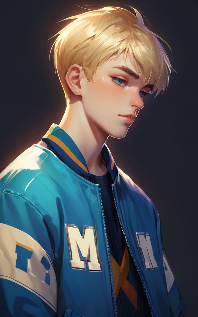 portrait of high school senior boy named big moose, blonde short hair, jock, beefy, wide face, square jaw, square facial structure, blue varsity jacket with his name, intricate, elegant, glowing lights, highly detailed, digital painting, artstation, concept art, sharp focus, illustration, art by wlop, mars ravelo and greg rutkowski