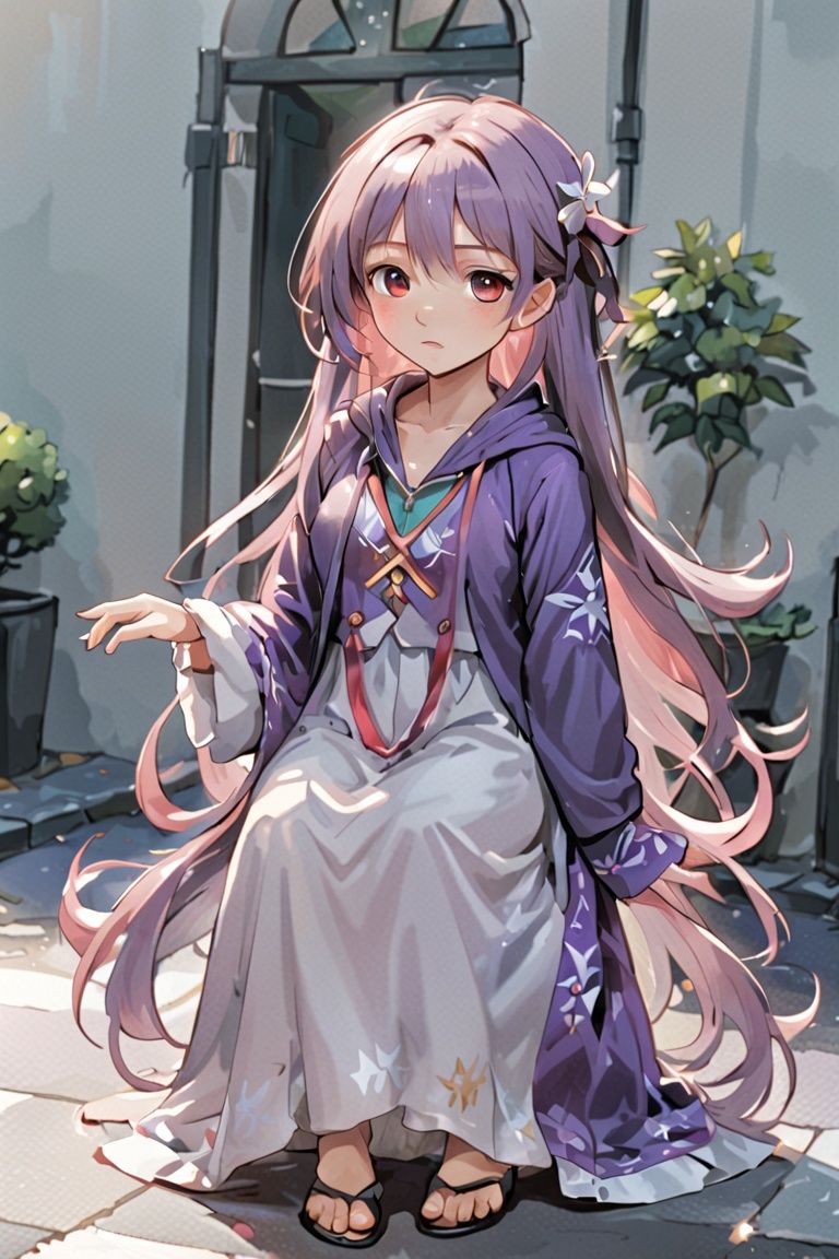 best quality,ultra-detailed,full body,highly detailed,masterpiece,illustration,hair,comic,cross-laced_footwear,medium breast,expressionless,long hair,cloudy,sky,hoodie ,light blush,pixel_art,princess_carry,seaside,day,purple hair,white_thighhighs,yuyao,Pink Mecha,flower,yuukadef,1 girl