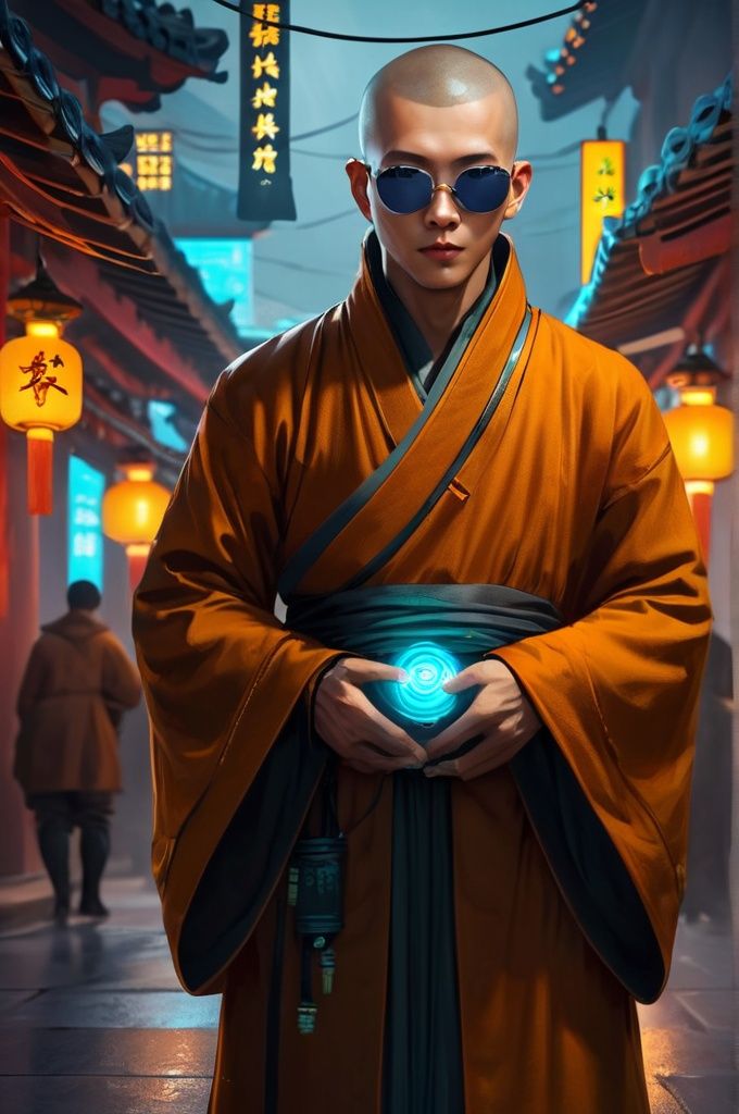 cyberpunk monk in china, delightful anatomy:1. 1 , gloomy illumination, insane, stunning, dramatic, completed artwork, HQ:1. 1, Vivid colors, 16k, UHD, HDR10, (Masterpiece:1. 5) (best quality:1. 5), very detailed eyes, full body