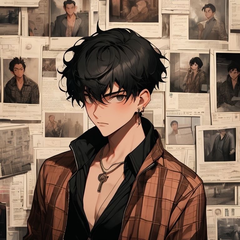 1boy,plaid jacket,short hair,black hair,solo,earrings,upper body,portrait,stand in front of a wall of newspaper,cleavage,