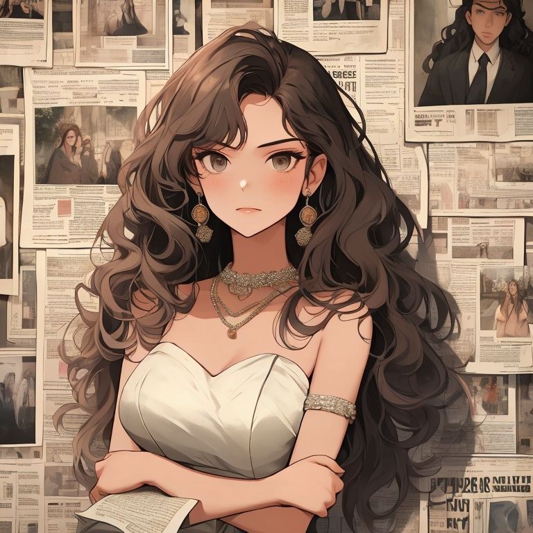 1girl,wedding dress,middle breasts,jewelry,wavy_hair, long_hair, solo, earrings, upper body,portrait,arms crossed,stand in front of a wall of newspaper,