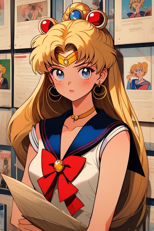 1girl,Sailor Moon,solo,earrings,upper body,portrait,stand in front of a wall of newspaper,looking at viewer,