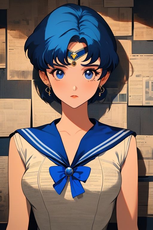 1girl,Sailor Mercury,solo,earrings,akimbo,upper body,portrait,stand in front of a wall of newspaper,looking at viewer,,