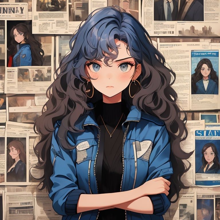 1girl,blue jacket, open jacket,jewelry,wavy_hair, long_hair, solo, earrings, upper body,portrait,arms crossed,stand in front of a wall of newspaper,