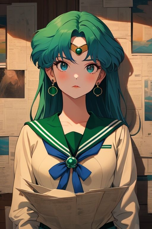 1girl,Sailor Neptune,solo,earrings,akimbo,upper body,portrait,stand in front of a wall of newspaper,looking at viewer,,