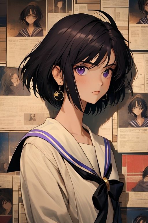 1girl,Sailor Saturn,solo,earrings,akimbo,upper body,portrait,stand in front of a wall of newspaper,looking at viewer,,