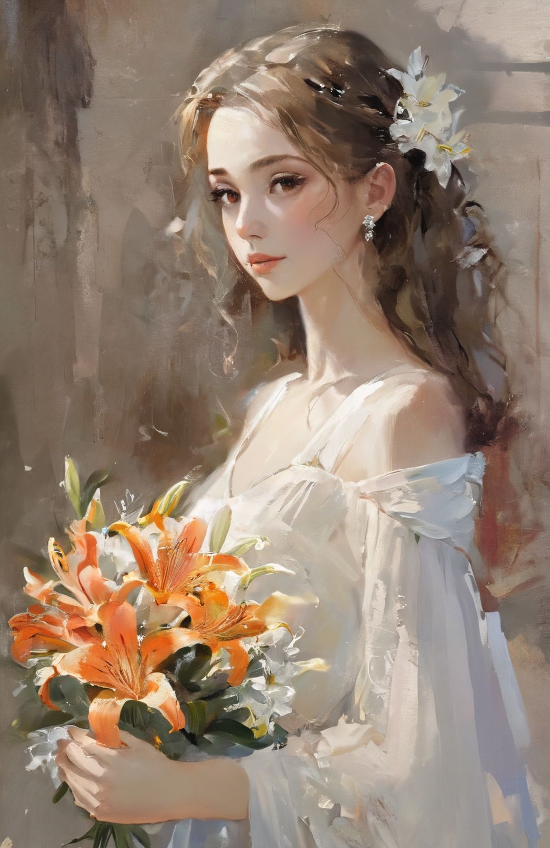 Bestquality,masterpiece,1girl,beautiful_face,eyebrows_visible_through_hair,lily_\(flower\),dress,holding_flower,from_side,