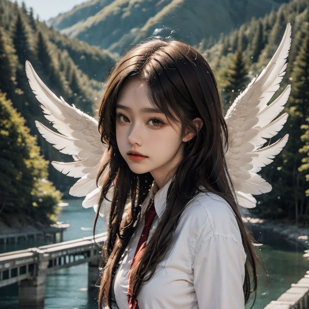 1girl,angel,wings,feather,lake,bridge,tree,mountain