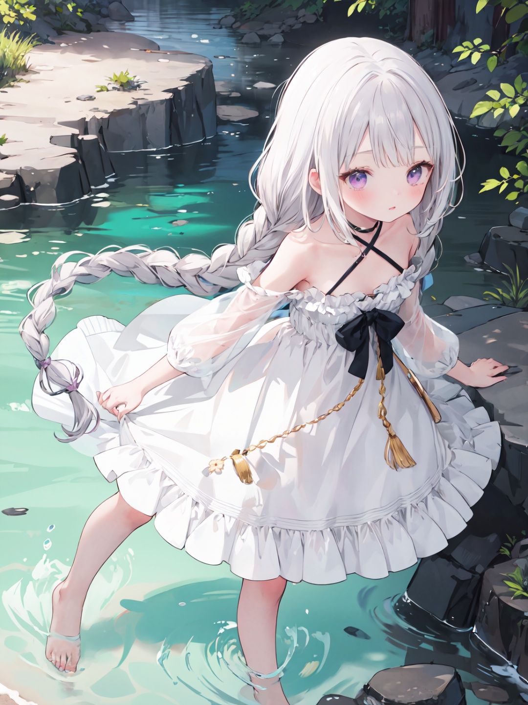 masterpiece, best quality,  
(1girl),loli, gilberta(summer), full body, long hair, circle braid, 
   sunlight, river,gilberta   