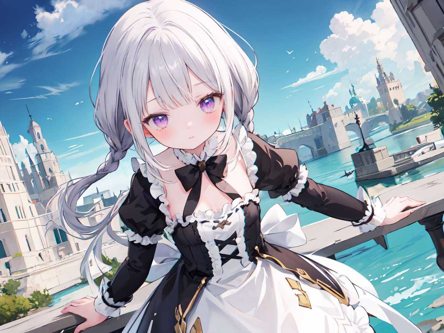 masterpiece, best quality,  upper body, dynamic angle, (1girl),gilberta, gilberta(maid), full body, white pantyhose, <lora:gilberta:1>,outdoors, sky, river