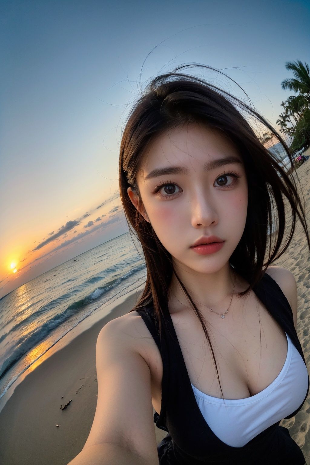 1girl, fisheye, selfie, sea, wind, messy hair, sunset, beach, (aesthetics and atmosphere:1.2),