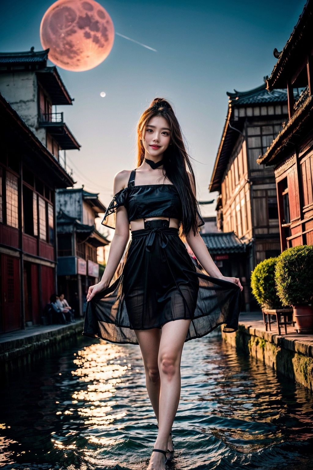 realistic, photorealistic, masterpiece, best quality, dark shot, 1girl, solo, smile, looking at viewer, long black hair, ([:see-through:4]:1.2) cns_dress, standing by a river, dynamic pose, (china jiangnan water town style:1.1), water, colorful, incredible beautiful sky, netural lighting, dynamic Angle, vivid colors, neon, (pink moon:1.2),bridge, <lora:more_details:0.8> 