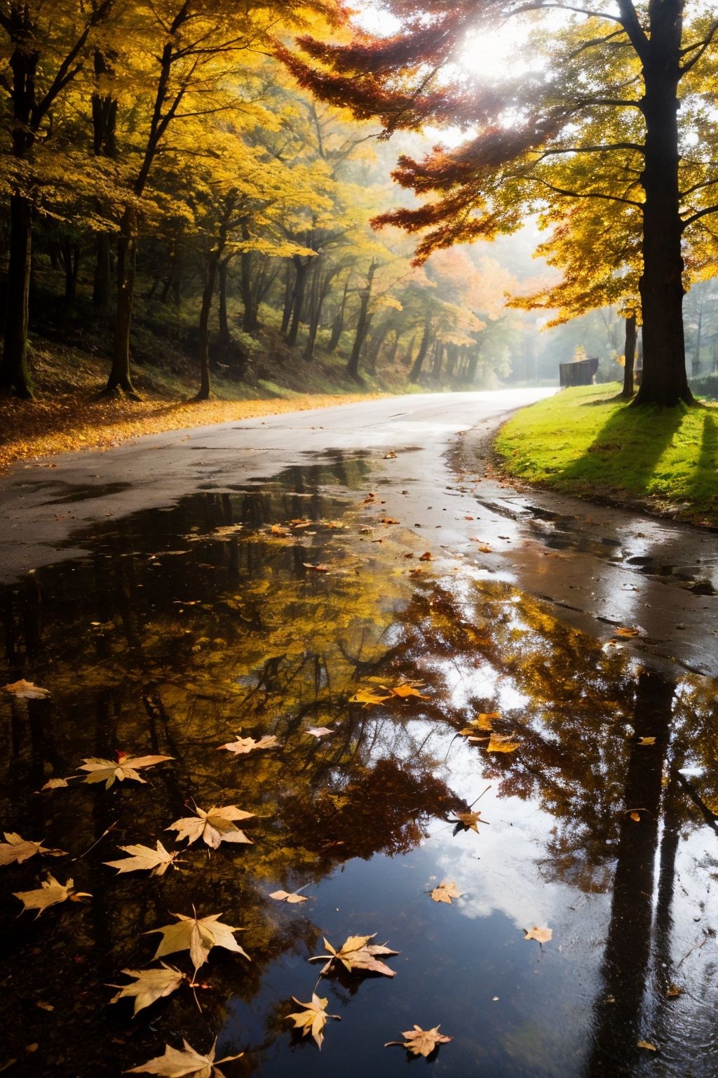 masterpiece,best quality,rain style,sunlight,light,puddle,beautiful lighting,blowing,reflection,autumn leaves,maple leaf,red particles,depth of field,forest,