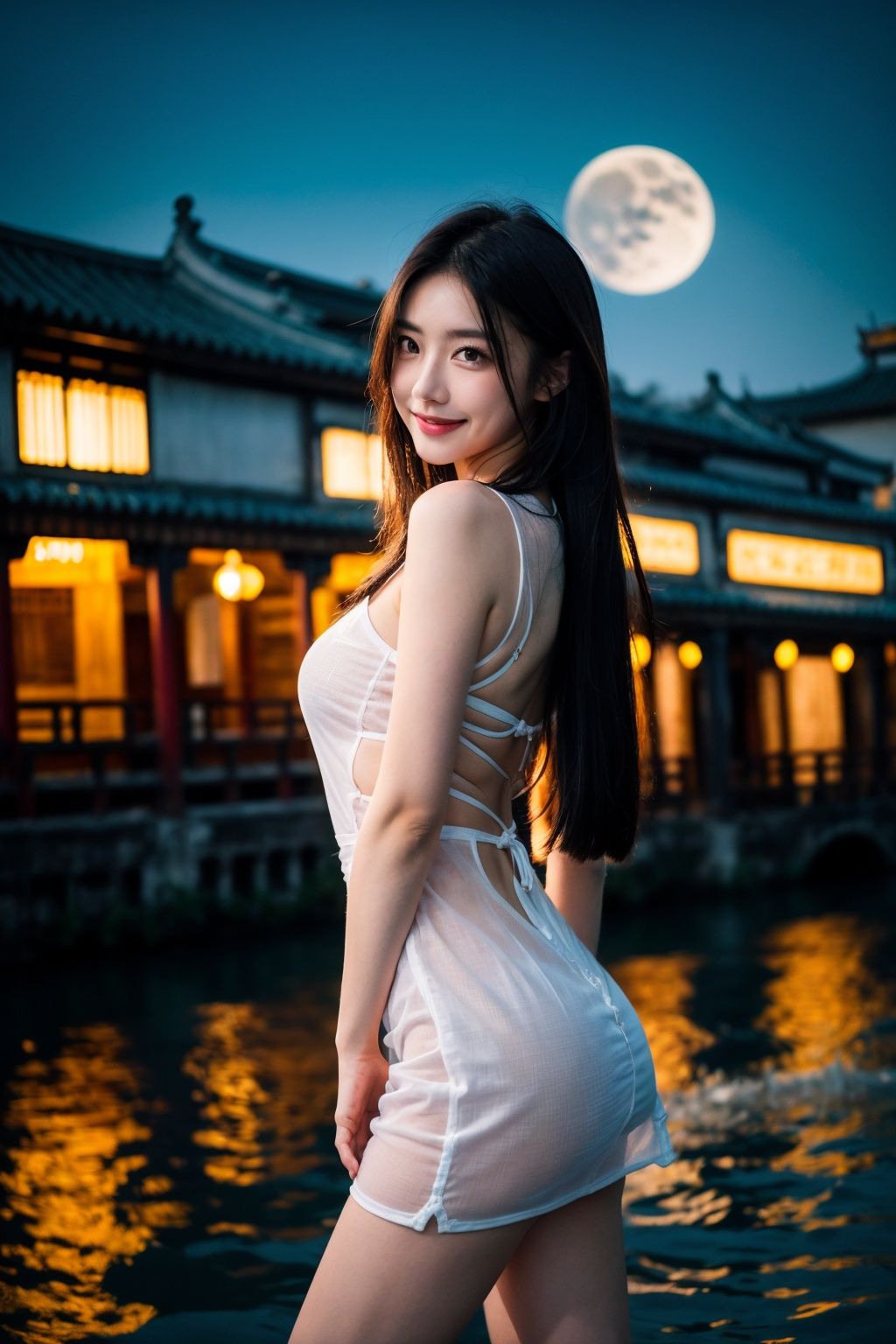 realistic, photorealistic, masterpiece, best quality, dark shot, 1girl, solo, smile, looking at viewer, long black hair, ([:see-through:4]:1.2) cns_dress, standing by a river, dynamic pose, (china jiangnan water town style:1.1), water, colorful, incredible beautiful sky, netural lighting, dynamic Angle, vivid colors, neon, moon