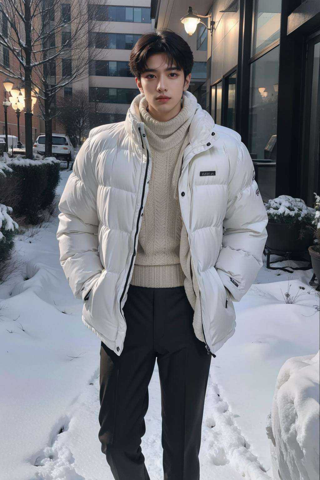 handsome male,big muscle,crew cut,soft light <lora:Winter:0.7> dark academia,outfits,outdoor,winter