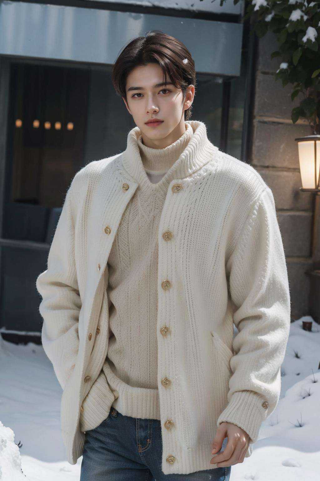 handsome male,big muscle,crew cut,soft light <lora:Winter:0.7> dark academia,outfits,outdoor,winter