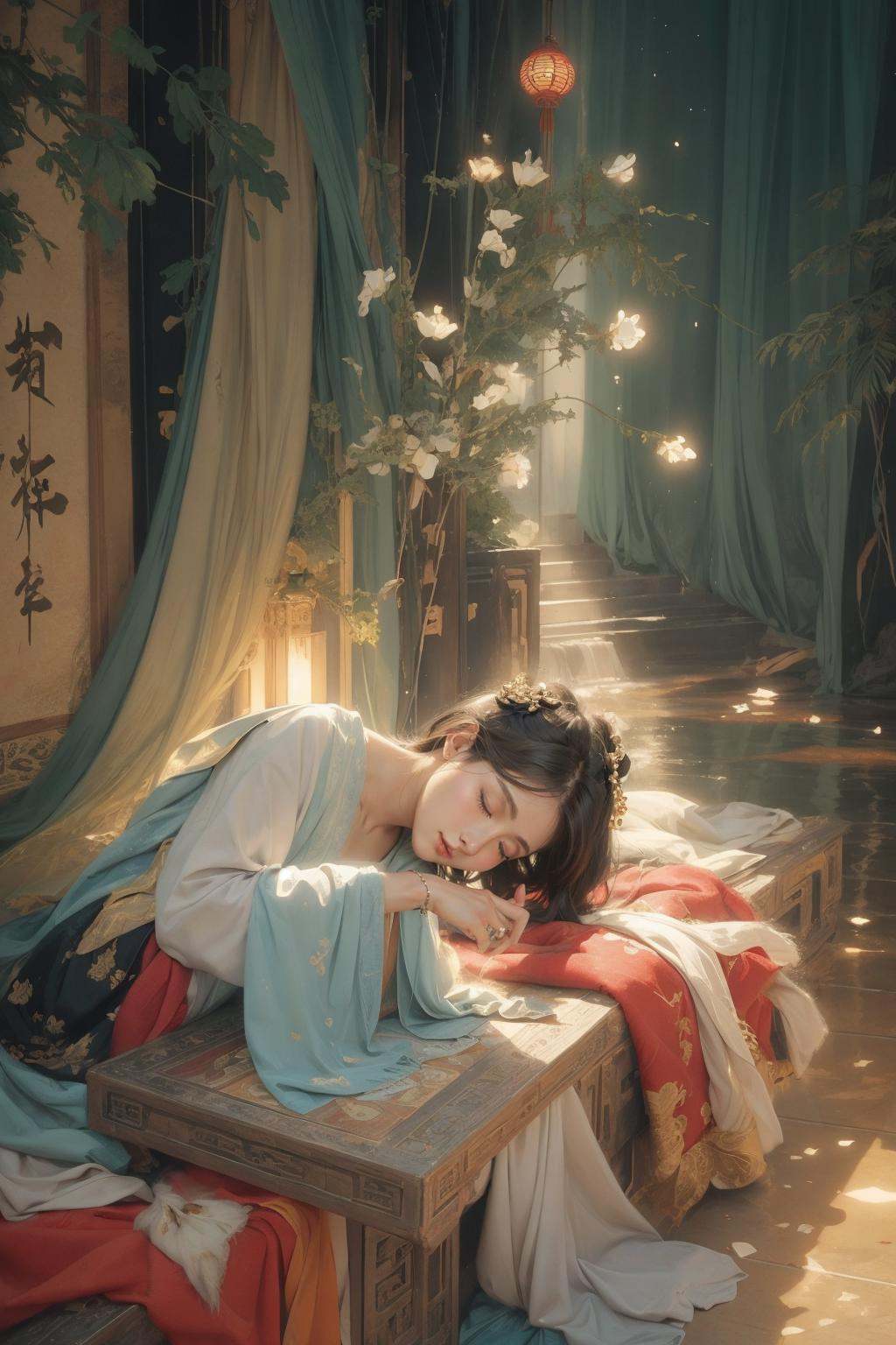 (1girl:1.4), solo,((nude:1)),(((small breasts:1))), ((nymphaea:1,3)), (Glowing ambiance, enchanting radiance, luminous lighting, ethereal atmosphere, mesmerizing glow, evocative hues, captivating coloration, dramatic lighting, enchanting aura), (a woman sitting on a bench in a field of flowers, palace ， a girl in hanfu, instagram contest winner, in water up to her shoulders, standing gracefully upon a lotus, inspired by Hua Yan, closing eyes, high priestess tarot card, full-cosplay, nymphaea), ink painting, ((moon:1)),  (masterpiece, top quality, best quality, official art, beautiful and aesthetic:1.2), extreme detailed, (chinese style:1.2),theater dance scene,(hypermaximalistic:1.5),colorful,highest detailed,<lora:anxiang:0.55>,