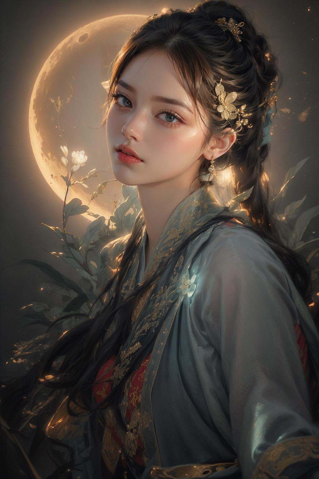 (((cinematic lighting, depth of field, motion blur, motion lines))),(1girl:1.4), solo,((night:1)), ((dark woods:1)), (moody  lighting), ((nude:0.75)),(((small breasts:1))), ((nymphaea:1,3)), (Glowing ambiance, enchanting radiance, luminous lighting, ethereal atmosphere, mesmerizing glow, evocative hues, captivating coloration, dramatic lighting, enchanting aura), (a girl sitting on a bench in a field of flowers, palace, a girl in hanfu, instagram contest winner, in water up to her shoulders, standing gracefully upon a lotus, inspired by Hua Yan, high priestess tarot card, full-cosplay, nymphaea), ink painting, ((moon:1)),  (masterpiece, top quality, best quality, official art, beautiful and aesthetic:1.2), extreme detailed, (chinese style:1.2),theater dance scene,(hypermaximalistic:1.5),colorful,highest detailed,<lora:anxiang:0.55>,