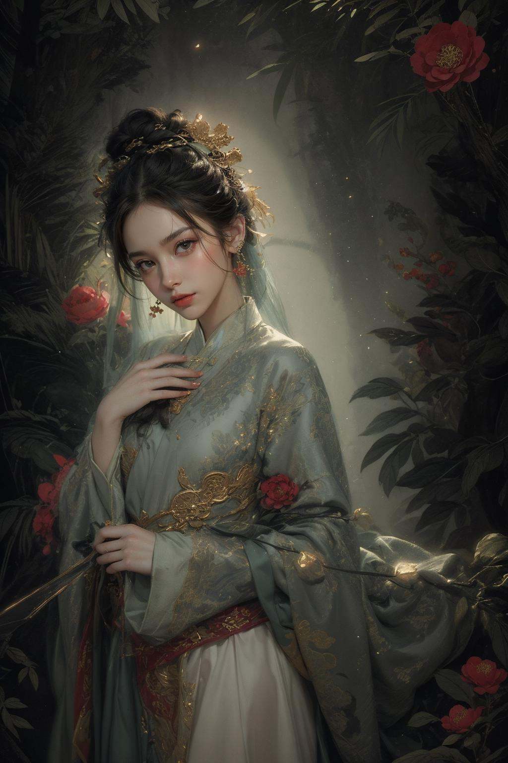 (((cinematic lighting, depth of field, motion blur, motion lines))),(1girl:1.4), solo,((night:1)), ((dark woods:1)), (moody  lighting), ((nude:0.75)),(((small breasts:1))), ((nymphaea:1,3)), (Glowing ambiance, enchanting radiance, luminous lighting, ethereal atmosphere, mesmerizing glow, evocative hues, captivating coloration, dramatic lighting, enchanting aura), (a girl sitting on a bench in a field of flowers, palace, a girl in hanfu, instagram contest winner, in water up to her shoulders, standing gracefully upon a lotus, inspired by Hua Yan, high priestess tarot card, full-cosplay, nymphaea), ink painting, ((moon:1)),  (masterpiece, top quality, best quality, official art, beautiful and aesthetic:1.2), extreme detailed, (chinese style:1.2),theater dance scene,(hypermaximalistic:1.5),colorful,highest detailed,<lora:anxiang:0.55>,