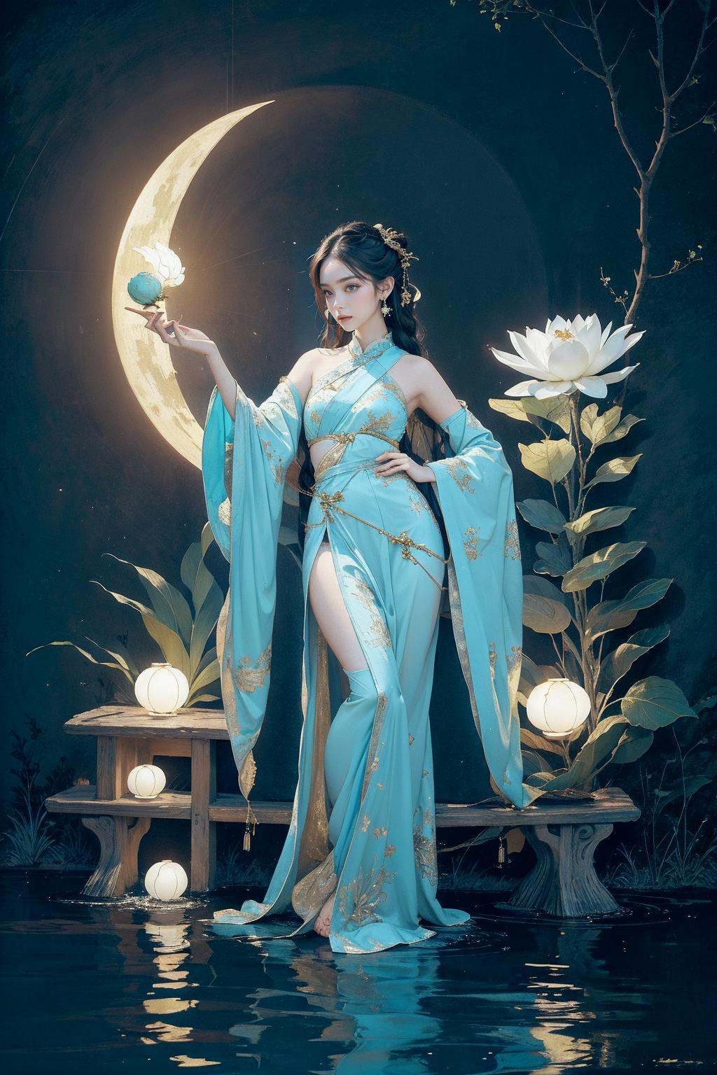 (1girl:1.4), solo,((night:1)), ((dark woods:1)), ((nude:0.75)),(((small breasts:1))), ((nymphaea:1,3)), (Glowing ambiance, enchanting radiance, luminous lighting, ethereal atmosphere, mesmerizing glow, evocative hues, captivating coloration, dramatic lighting, enchanting aura), (a girl sitting on a bench in a field of flowers, palace, a girl in hanfu, instagram contest winner, in water up to her shoulders, standing gracefully upon a lotus, inspired by Hua Yan, high priestess tarot card, full-cosplay, nymphaea), ink painting, ((moon:1)),  (masterpiece, top quality, best quality, official art, beautiful and aesthetic:1.2), extreme detailed, (chinese style:1.2),theater dance scene,(hypermaximalistic:1.5),colorful,highest detailed,<lora:anxiang:0.55>,