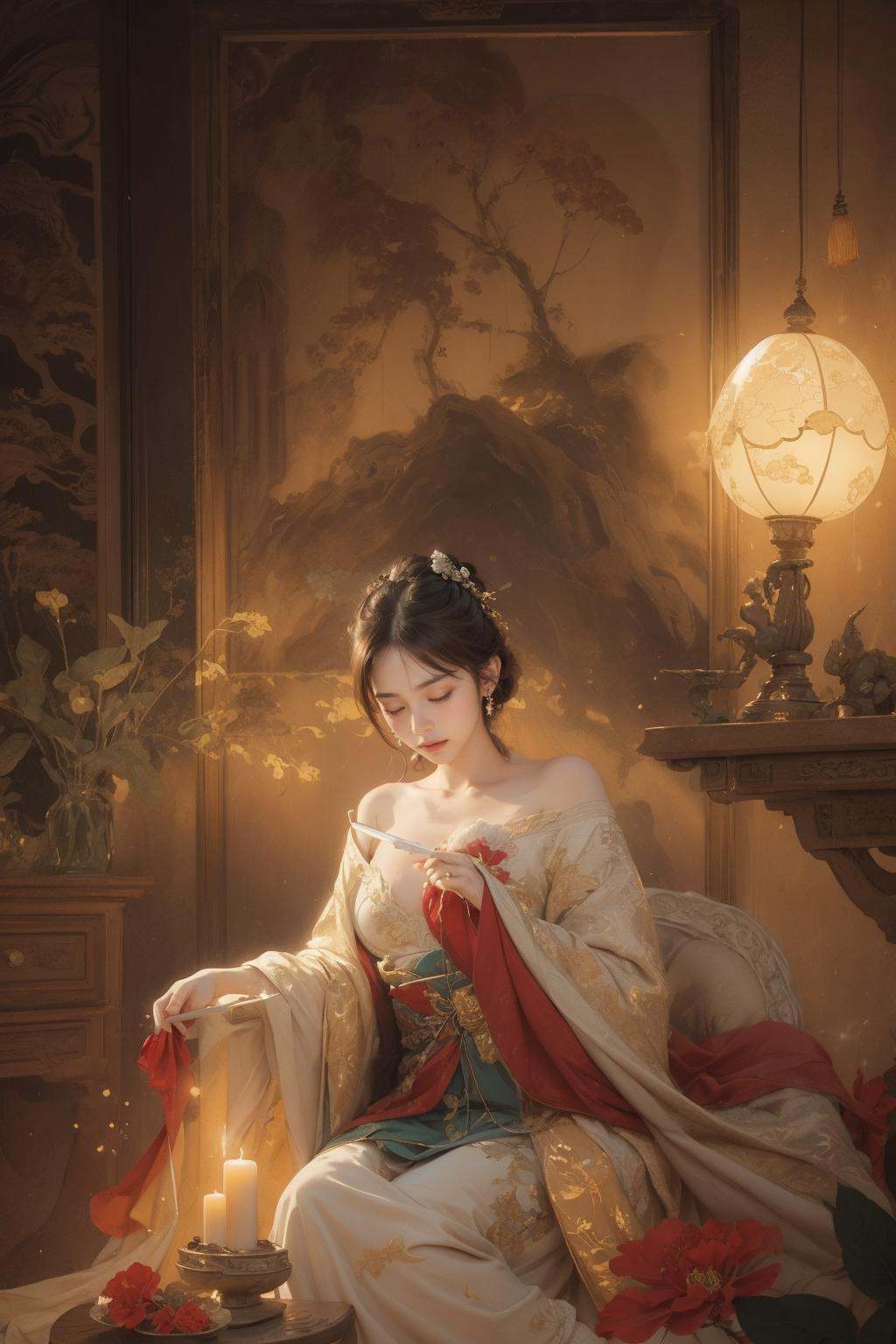 (1girl:1.4), solo,((nude:1)),(((small breasts:1))), ((Hibiscus:1)), (Glowing ambiance, enchanting radiance, luminous lighting, ethereal atmosphere, mesmerizing glow, evocative hues, captivating coloration, dramatic lighting, enchanting aura), (a woman sitting at a desk writing on a piece of paper, palace, (boobs naked:0.85),melanchonic soft light, wet dripping long hair, still from a live action movie, streaming on twitch, photorealistic faces, with a long red, connectedness, very very elegant, sadan vague, white facepaint), ink painting, ((moon:1)),  (masterpiece, top quality, best quality, official art, beautiful and aesthetic:1.2), extreme detailed, (chinese style:1.2),(concretism:1.2),theater dance scene,(hypermaximalistic:1.5),colorful,highest detailed,<lora:anxiang:0.55>,