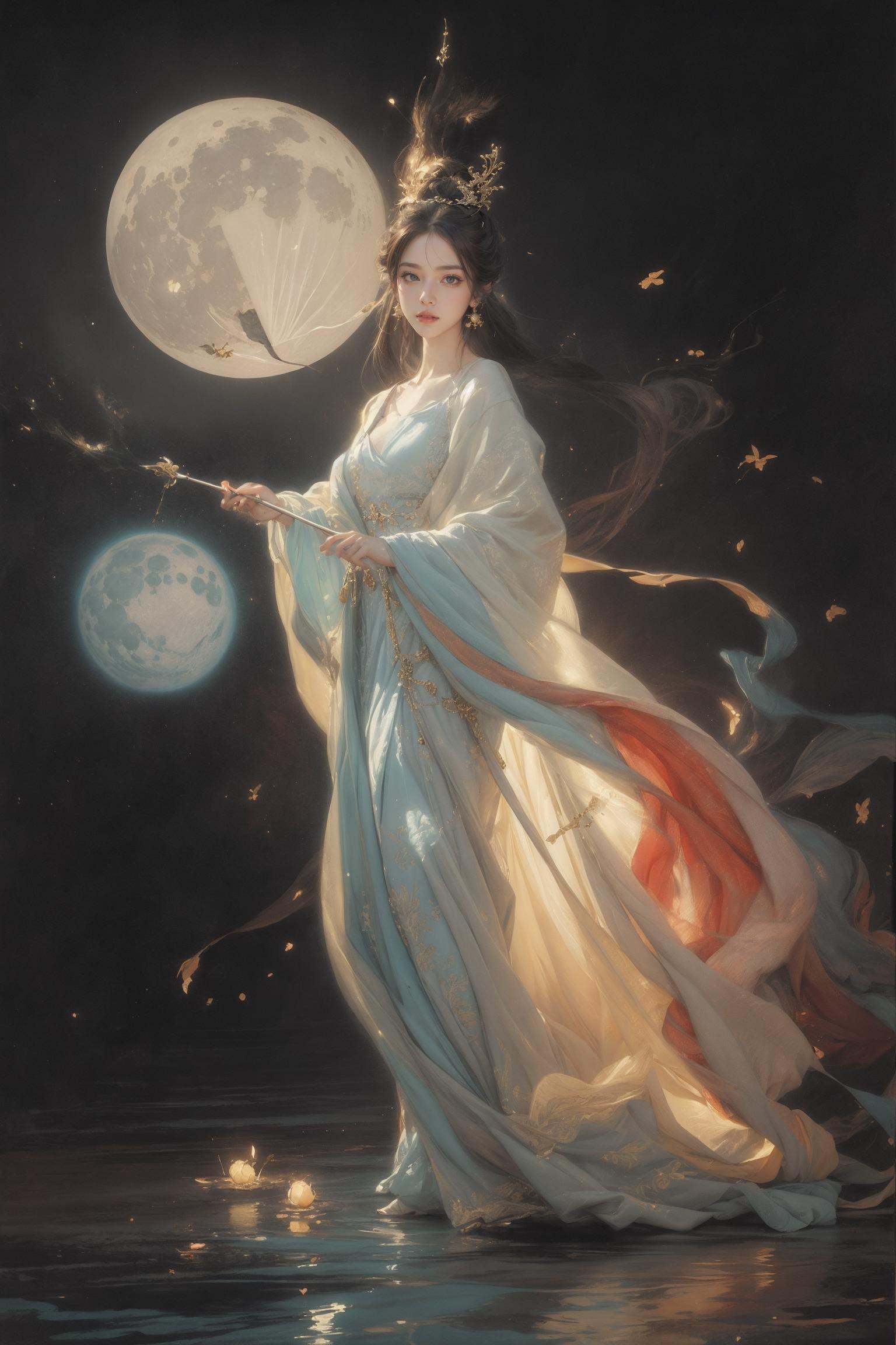 (Glowing ambiance, enchanting radiance, luminous lighting, ethereal atmosphere, mesmerizing glow, evocative hues, captivating coloration, dramatic lighting, enchanting aura),((nude:1)),(boobs naked:0.55),  ink painting, ((moon:1)),  (masterpiece, top quality, best quality, official art, beautiful and aesthetic:1.2), (1girl:1.4), extreme detailed,(joshua middleton comic cover art:1.1), (Action painting:1.2),(concretism:1.2),theater dance scene,(hypermaximalistic:1.5),colorful,highest detailed,<lora:anxiang:0.55>,