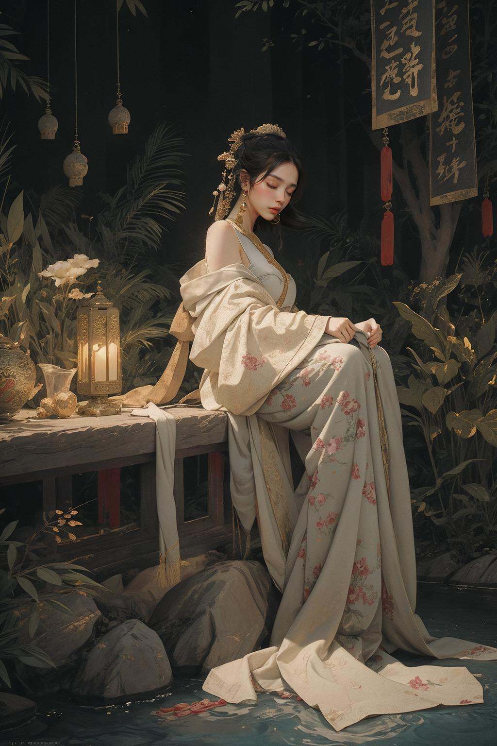 (((cinematic lighting, depth of field, motion blur, motion lines))),(1girl:1.4), solo,((night:1)), ((dark woods:1)), (moody  lighting), ((nude:0.75)),(((small breasts:1))), ((nymphaea:1,3)), (Glowing ambiance, enchanting radiance, luminous lighting, ethereal atmosphere, mesmerizing glow, evocative hues, captivating coloration, dramatic lighting, enchanting aura), (a girl sitting on a bench in a field of flowers, palace, a girl in hanfu, instagram contest winner, in water up to her shoulders, standing gracefully upon a lotus, inspired by Hua Yan, high priestess tarot card, full-cosplay, nymphaea), ink painting, ((moon:1)),  (masterpiece, top quality, best quality, official art, beautiful and aesthetic:1.2), extreme detailed, (chinese style:1.2),theater dance scene,(hypermaximalistic:1.5),colorful,highest detailed,<lora:anxiang:0.55>,