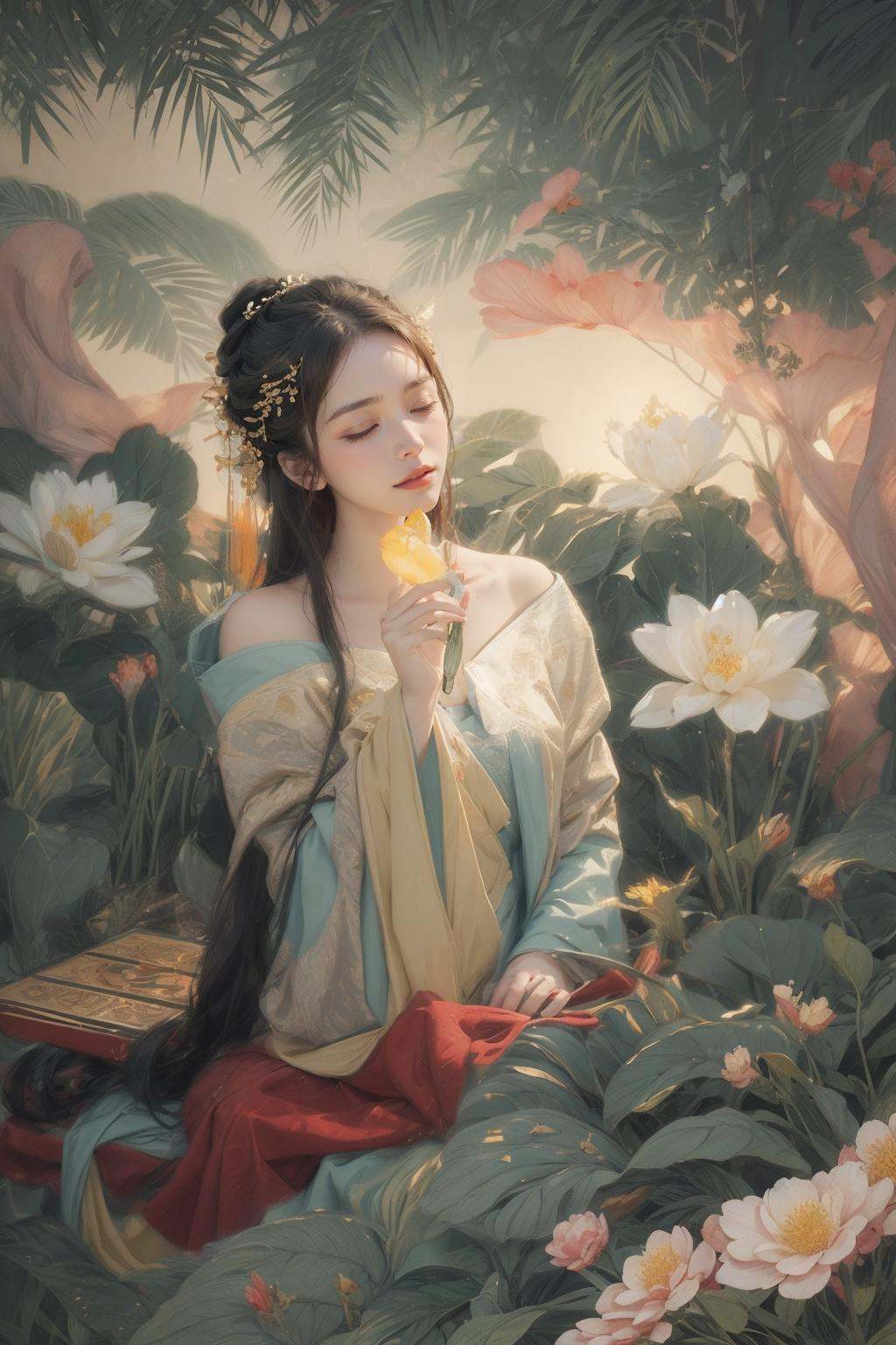(1girl:1.4), solo,((nude:1)),(((small breasts:1))), ((nymphaea:1,3)), (Glowing ambiance, enchanting radiance, luminous lighting, ethereal atmosphere, mesmerizing glow, evocative hues, captivating coloration, dramatic lighting, enchanting aura), (a woman sitting on a bench in a field of flowers, palace ， a girl in hanfu, instagram contest winner, in water up to her shoulders, standing gracefully upon a lotus, inspired by Hua Yan, closing eyes, high priestess tarot card, full-cosplay, nymphaea), ink painting, ((moon:1)),  (masterpiece, top quality, best quality, official art, beautiful and aesthetic:1.2), extreme detailed, (chinese style:1.2),theater dance scene,(hypermaximalistic:1.5),colorful,highest detailed,<lora:anxiang:0.55>,