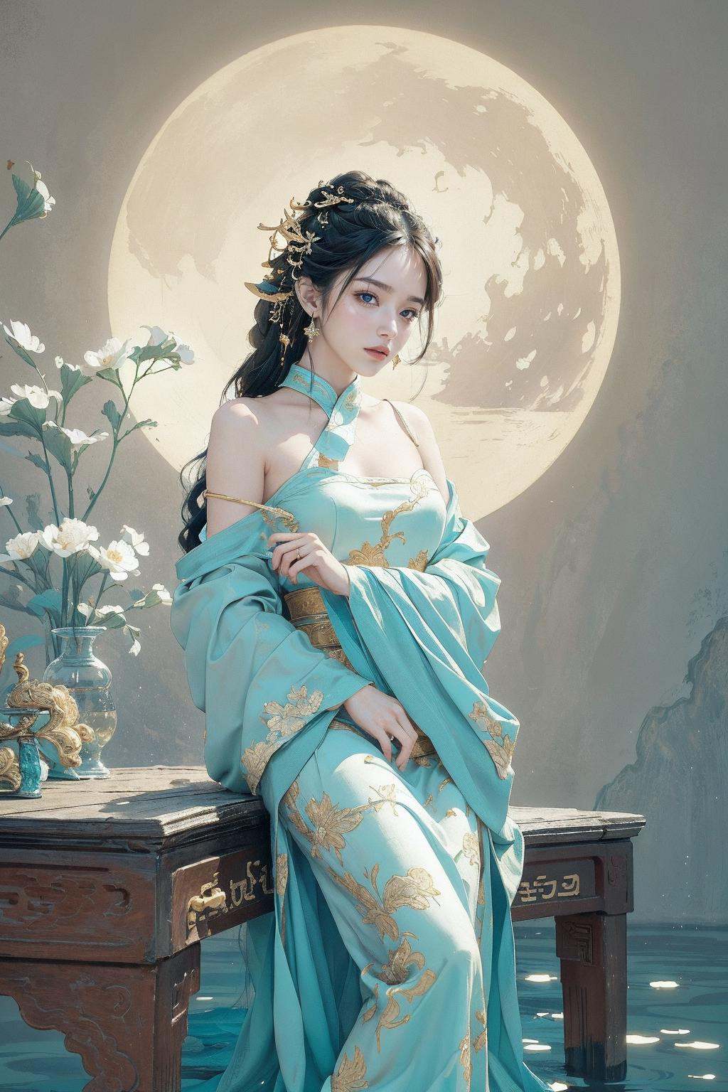 (1girl:1.4), solo,((nude:0.75)),(((small breasts:1))), ((nymphaea:1,3)), (Glowing ambiance, enchanting radiance, luminous lighting, ethereal atmosphere, mesmerizing glow, evocative hues, captivating coloration, dramatic lighting, enchanting aura), (a girl sitting on a bench in a field of flowers, palace, a girl in hanfu, instagram contest winner, in water up to her shoulders, standing gracefully upon a lotus, inspired by Hua Yan, high priestess tarot card, full-cosplay, nymphaea), ink painting, ((moon:1)),  (masterpiece, top quality, best quality, official art, beautiful and aesthetic:1.2), extreme detailed, (chinese style:1.2),theater dance scene,(hypermaximalistic:1.5),colorful,highest detailed,<lora:anxiang:0.55>,