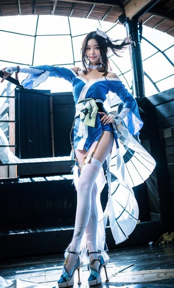 huowu,((1girl)), ((solo)), black hair, long hair,white thighhighs, chair, high heels, cosplay,((upper body)),young and beautiful, tall and beautiful, fair face, perfect features, tall and beautiful, fair skin, good figure, 4k,cg,Bust shotholding fan, blue theme,gameCG background,3Drender,realistic,cinematic lighting,smooth fog,detailed face, <lora:chilloutmixss_xss10:0.1> <lora:japaneseDollLikeness_v10:0.3>light smile, (((The Architectural Background of Japanese Style)))