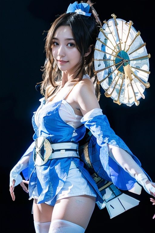 huowu,1girl, solo, black hair, long hair,white thighhighs, chair, high heels, cosplay,((upper body)),young and beautiful, tall and beautiful, fair face, perfect features, tall and beautiful, fair skin, good figure, 4k,cg,Bust shotholding fan, blue theme,gameCG background,3Drender,realistic,cinematic lighting,smooth fog,detailed face, <lora:chilloutmixss_xss10:0.1> <lora:japaneseDollLikeness_v10:0.3>light smile, (((The Architectural Background of Japanese Style)))