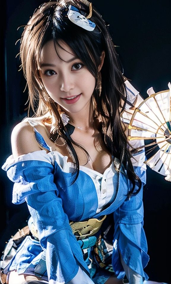 huowu,1girl, solo, black hair, long hair,white thighhighs, chair, high heels, cosplay,((upper body)),young and beautiful, tall and beautiful, fair face, perfect features, tall and beautiful, fair skin, good figure, 4k,cg,Bust shotholding fan, blue theme,gameCG background,3Drender,realistic,cinematic lighting,smooth fog,detailed face, <lora:chilloutmixss_xss10:0.1> <lora:japaneseDollLikeness_v10:0.3>light smile, (((The Architectural Background of Japanese Style)))