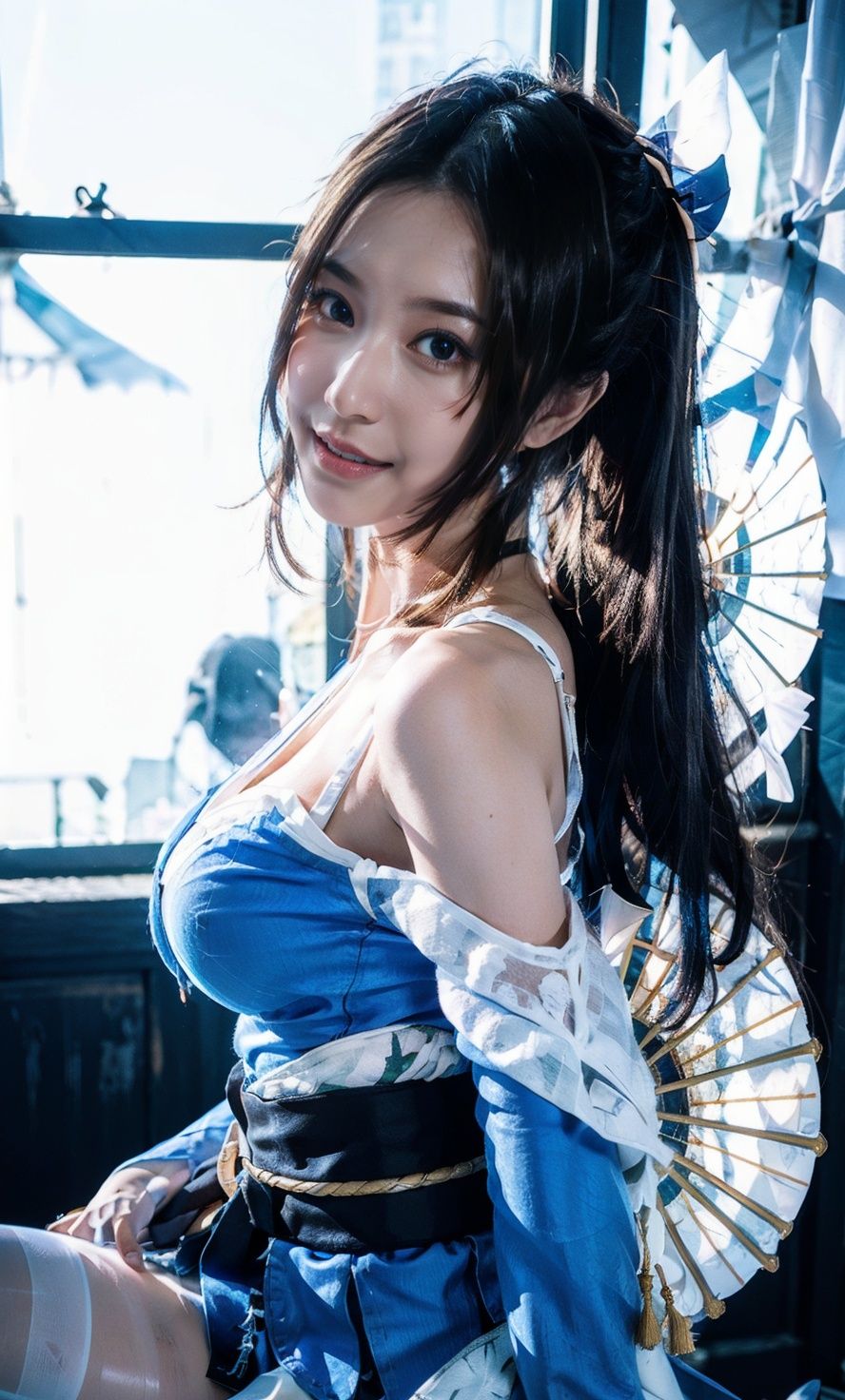 huowu,1girl, solo, black hair, long hair,white thighhighs, chair, high heels, cosplay,((upper body)),young and beautiful, tall and beautiful, fair face, perfect features, tall and beautiful, fair skin, good figure, 4k,cg,Bust shotholding fan, blue theme,gameCG background,3Drender,realistic,cinematic lighting,smooth fog,detailed face, <lora:chilloutmixss_xss10:0.1> <lora:japaneseDollLikeness_v10:0.3>light smile, (((The Architectural Background of Japanese Style)))