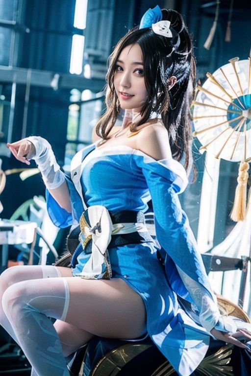 huowu,1girl, solo, black hair, long hair,white thighhighs, chair, high heels, cosplay,((upper body)),young and beautiful, tall and beautiful, fair face, perfect features, tall and beautiful, fair skin, good figure, 4k,cg,Bust shotholding fan, blue theme,gameCG background,3Drender,realistic,cinematic lighting,smooth fog,detailed face, <lora:chilloutmixss_xss10:0.1> <lora:japaneseDollLikeness_v10:0.3>light smile, (((The Architectural Background of Japanese Style)))