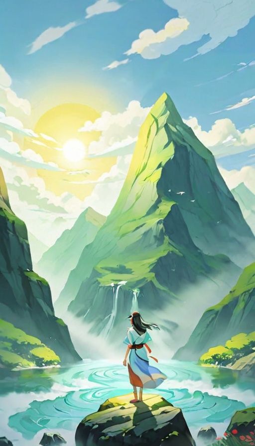 Masterpiece,bestquality,highdefinition, ,fudiaoxy , bird, cloud, robe, sky, solo, closed eyes, mountain, sun,  litihua_xy,the girl standing water
