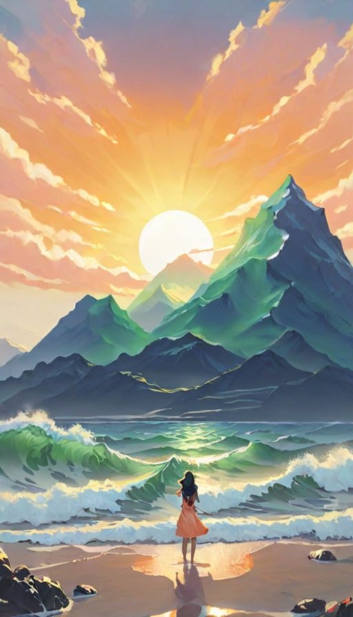 Masterpiece,bestquality,highdefinition,  ,fudiaoxy ,1girl, cloud, waves, sky, sunset, mountain, outdoors, scenery, sun, ocean, water, cloudy sky, orange sky, litihua_xy,the girl standing water