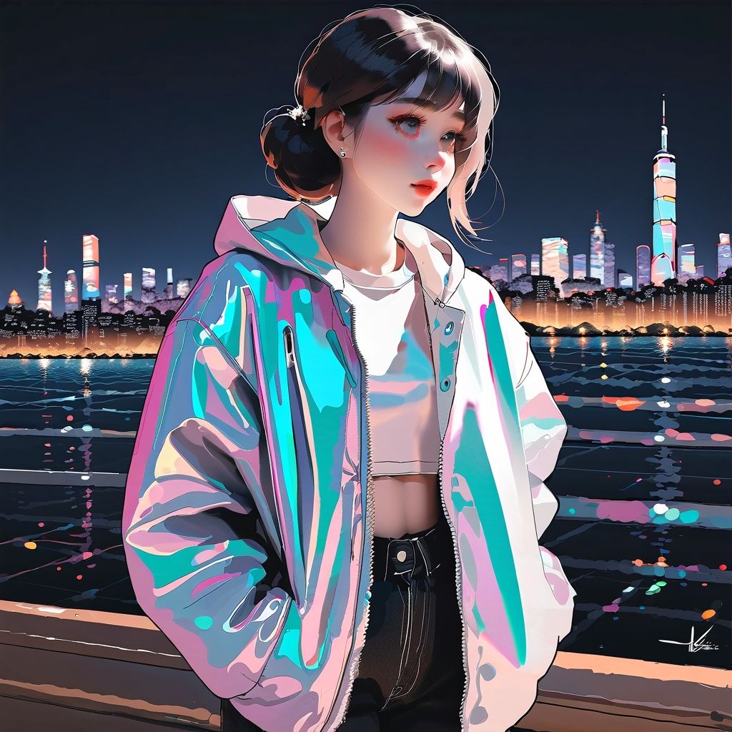 holographic cloth,leishe,laser,a 20yo girl,masterpiece,best quality,highly detailed,city_background,nights,shallow depth of field,(style of Shawn Coss:0.6)